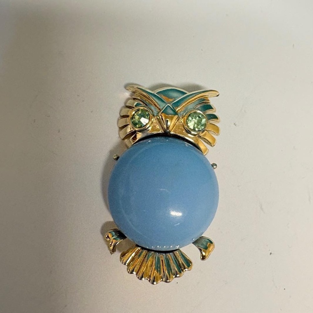 Vintage Gold Tone Owl Brooch Blue Cabochon Green Rhinestone Eyes Enamel Pin